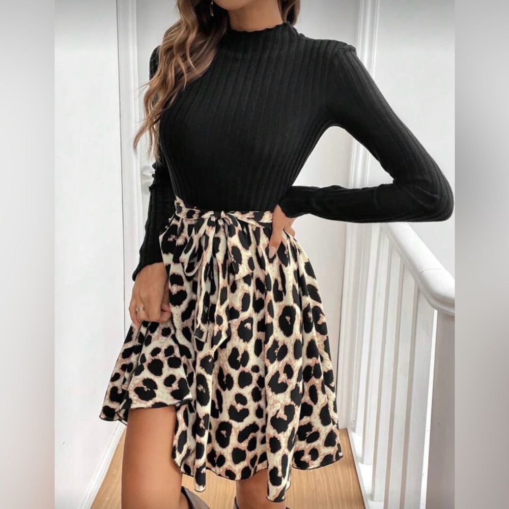 Black and Leopard Print Long Sleeve Dress
